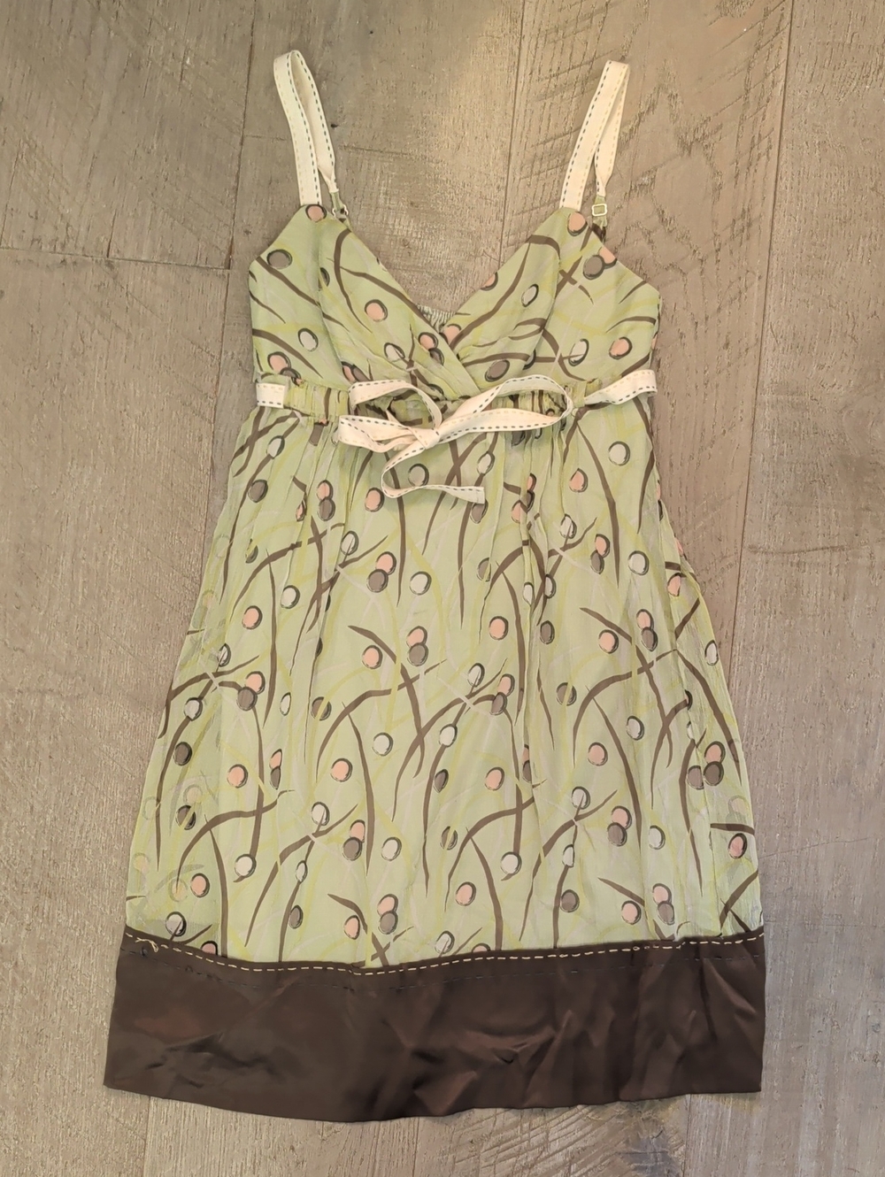 BCBGMaxAzria Light Green Floral Chemise with Brown Hem and Cream Straps - Picture 1 of 9